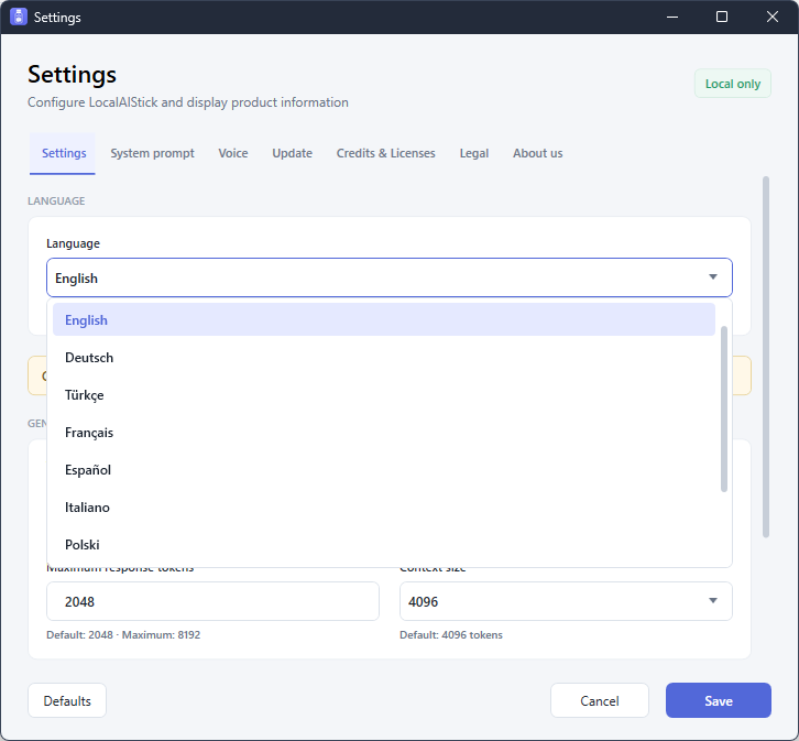 LocalAIStick settings with language selection and generation parameters