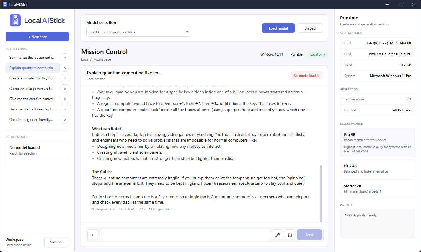 Interface LocalAIStick completa com chat, seleção de modelo, histórico e exibição de hardware
