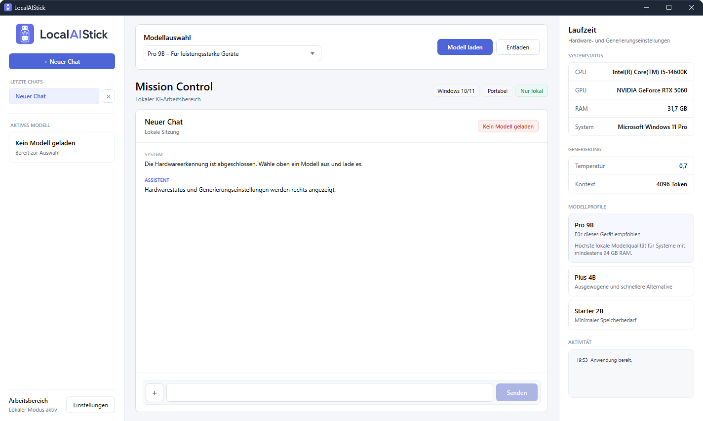 True LocalAIStick application with local AI workspace