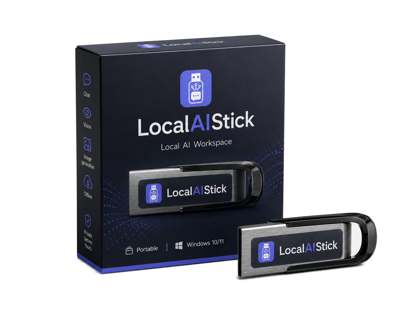 LocalAIStick USB stick with product packaging